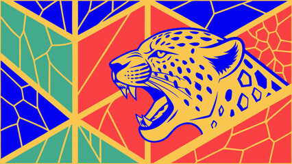 graphic design of roaring leopard with geometric patterns and vibrant color scheme
