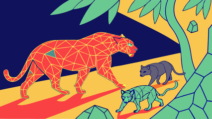vibrant geometric art of a tiger and two cats in jungle setting with bold colors

