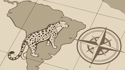 illustration of a leopard on South America map with compass design elements
