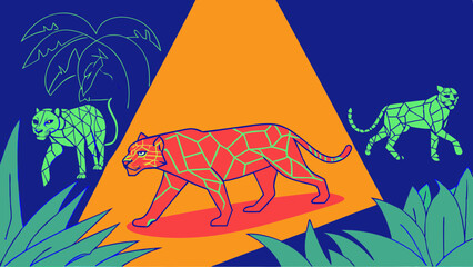 dynamic geometric tiger and leopard design with vibrant colors and tropical elements
