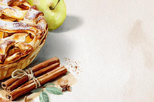 Watercolor illustration of apple pie with lattice crust, cinnamon sticks, green apple, and powdered sugar on a light textured background