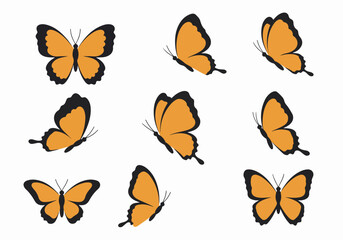 Set of cartoon orange butterflies in various flying and resting poses isolated on a white background.