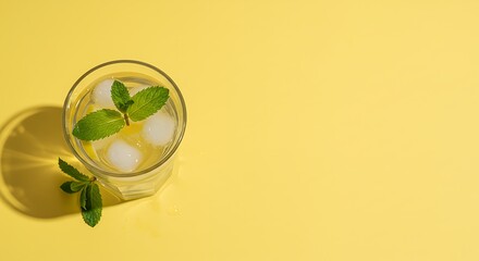 Top-down view of a refreshing drink with ice cubes and mint leaves in a glass on a yellow surface.