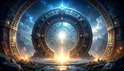 A mystical portal glows in a fantastical landscape, an ancient stargate with ornate details and bright light beckoning discovery.