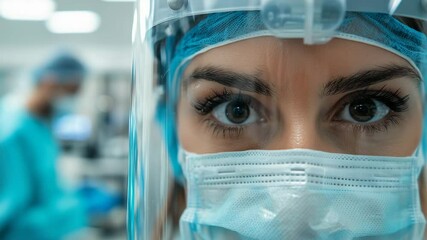 Close-up of a female doctor wearing a face mask and shield in an operating room - Powered by Adobe
