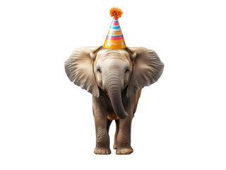 Celebrating with an adorable elephant in a party hat transparent background cutout png for creative use