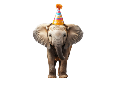 Celebrating with an adorable elephant in a party hat transparent background cutout png for creative use