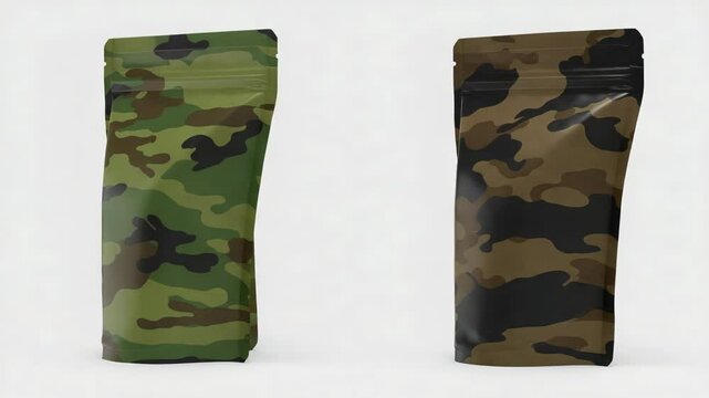Camouflage Stand Up Pouches in Green and Brown Patterns on White Background