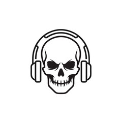 Minimalist Music Skull Logo With Headphones, Black Outline