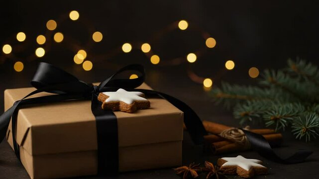 Christmas Gift Box with Black Ribbon Star Cookies and Cinnamon Sticks in Holiday Still Life with Gold Bokeh Background