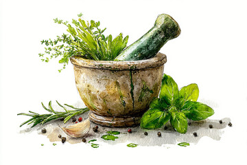 Watercolor illustration of a stone mortar and pestle filled with fresh green herbs and spices on a neutral background