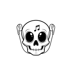 Cartoon Music Skull Logo With Earbuds and a Musical Note on Forehead, Simple Black Line Art
