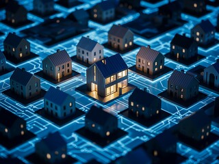 Illuminated modern house stands out amongst a grid of miniature homes on a glowing blue digital circuit board