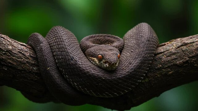 Coiled Gray Snake on a Branch with Prominent Scales Orange Eyes and Blurred Green Background