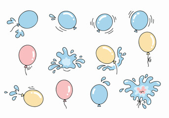 Cartoon water balloons splashing vector illustration set. Summer fun with water balloons and dynamic water splashes.