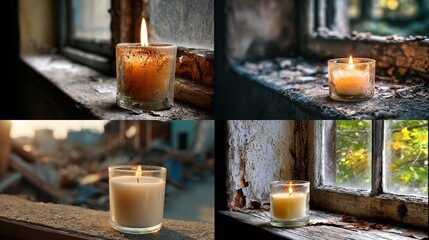 Four images depicting a single lit candle in a glass jar, each set within a different dilapidated, window-adjacent setting showcasing varying degrees of ruin and decay