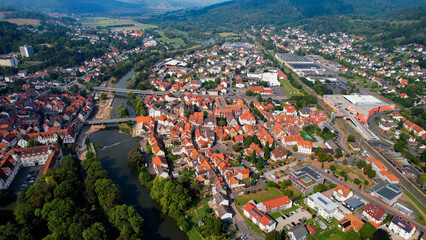 Aerial Panorama View Of The Old Town Of The City Rotenburg An Der Fulda  in Germany on a sunny spring day
