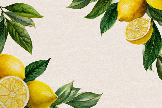 Watercolor illustration of whole and sliced lemons with green leaves arranged as a border on beige background