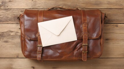 Vintage brown leather satchel with brass buckles and handle on rustic weathered wooden surface, featuring a plain white envelope resting on the flap.