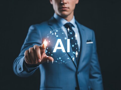 Businessman touching a glowing digital sphere with ai text and interconnected human icons representing artificial intelligence and networking