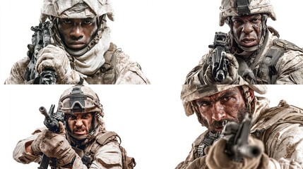 Fototapeta premium Four soldiers aim rifles, grimacing, intense, set against a stark white background