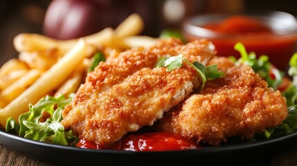 Crispy Fried Chicken Tenders with Fries and Fresh Greens on Plate