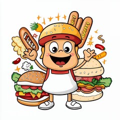 Smiling Cartoon Child Chef Holding Hot Dog and Surrounded by Hamburgers