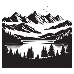 Beautiful scenery of Tatra mountains and lake in Poland silhouette vector