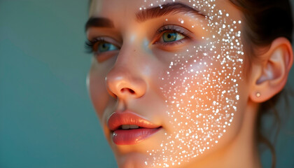 Close-up of woman's glowing face with digital dots or particles highlighting facial skin zones. Skincare mask hydration tech concept.