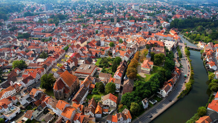 Aerial Panorama View Of The Old Town Of The City Eschwege in Germany on a sunny spring day
