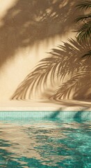 Tropical summer background with concrete wall, pool water and palm leaf shadow. Luxury hotel resort exterior for product placement. Outdoor vacation holiday house scene, neutral architecture aesthetic