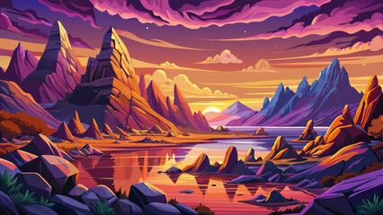 The Majestic Shores landscape of Lake Powell vector illustration at sunset time