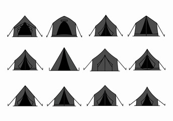 Set of simple flat illustrations of various camping tents in grey and black, isolated on a white background, representing outdoor adventure and recreation.