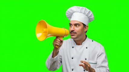 Chef holding megaphone and shouting, green screen background