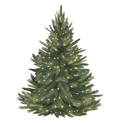 Watercolor christmas tree with lights on transparent background.