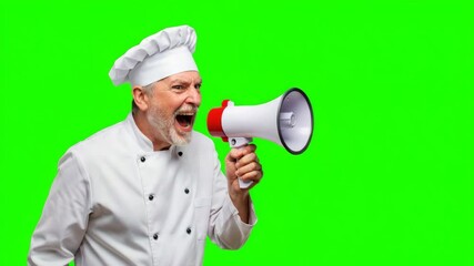 Chef holding megaphone and shouting, green screen background