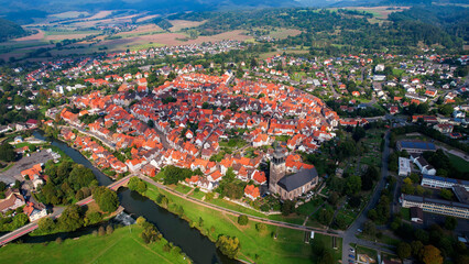 Obraz premium Aerial Panorama View Of The Old Town Of The City Bad Sooden-Allendorf in Germany on a sunny spring day