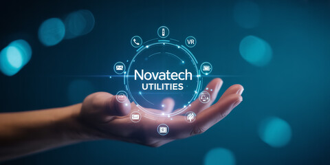 A futuristic tech interface glowing above a hand, with 'UTILITIES' text and icons floating in vibrant blue light.