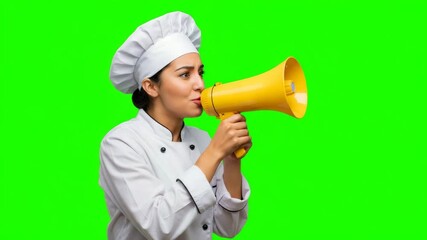 Chef holding megaphone and shouting, green screen background