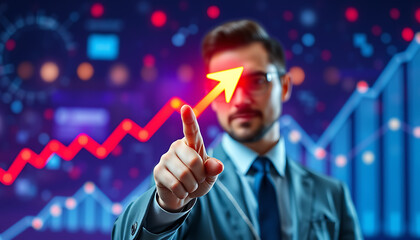 Businessman Analyzing Financial Data with Interactive Display Enhancing Business Growth and Investment Opportunities in Digital Economy and Technology Integration