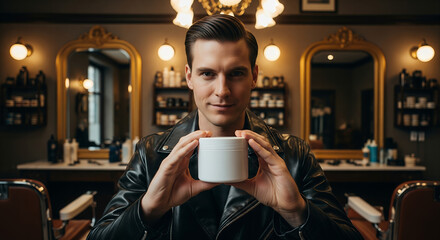 seorang pria sedang memperlihatkan pot buat pomade untuk hair styling