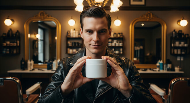 seorang pria sedang memperlihatkan pot buat pomade untuk hair styling