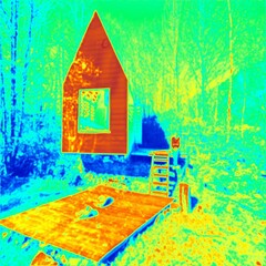 Wooden cottage for glamping hiiden at forest.  Thermal photography