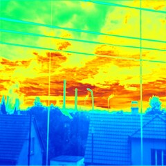 Smoke from chimney at horizon.  Thermal photography