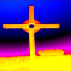 Old wooden cross.  Thermal photography