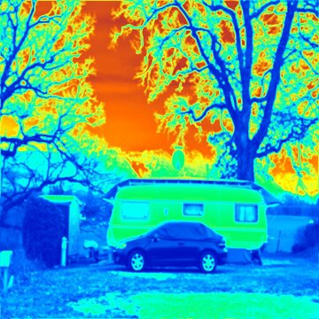 Camping at lake. Car with tent and caravan. Thermal photography
