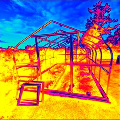 Steel structure of garden greenhouse, gardening. Thermal photography