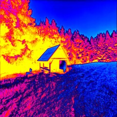 Wooden cottage for glamping hiiden at forest.  Thermal photography