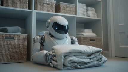 A white robot folding laundry in a well organized closet with baskets and folded linens neatly stacked