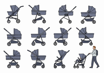 Collection of Illustrated Baby Strollers in Various Views and Angles, with a Father Pushing a Stroller